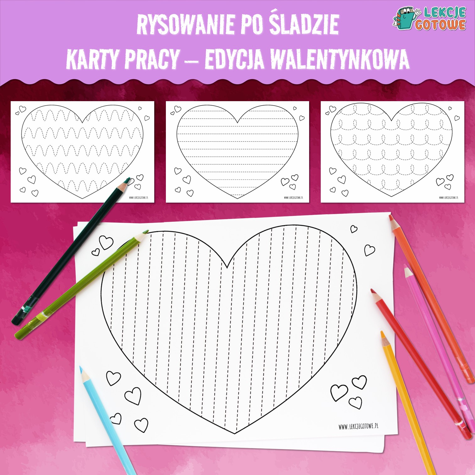 Rysowanie po śladzie karty pracy edycja walentynkowa walentynki luty materiały do druku pdf grafomotoryka motoryka mała