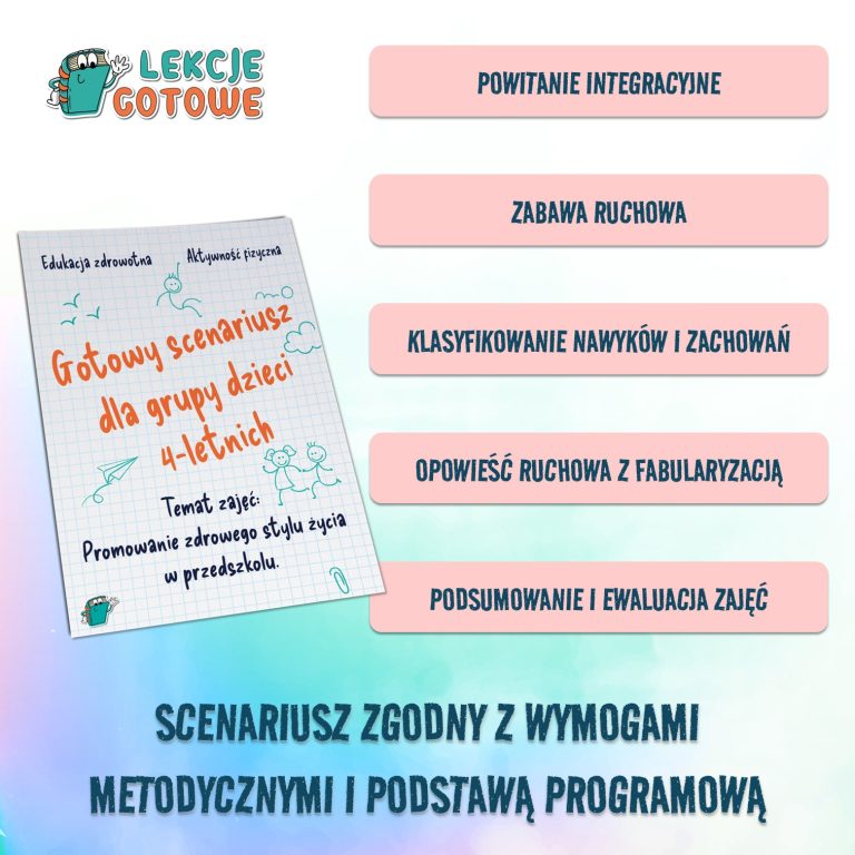 gotowy scenariusz zajęć dla grupy przedszkolnej dzieci 4-letnich średniaki pomysły zdrowie zdrowe odżywianie aktywność fizyczna edukacja zdrowotna promowanie zdrowego stylu życia pomoce dydaktyczne