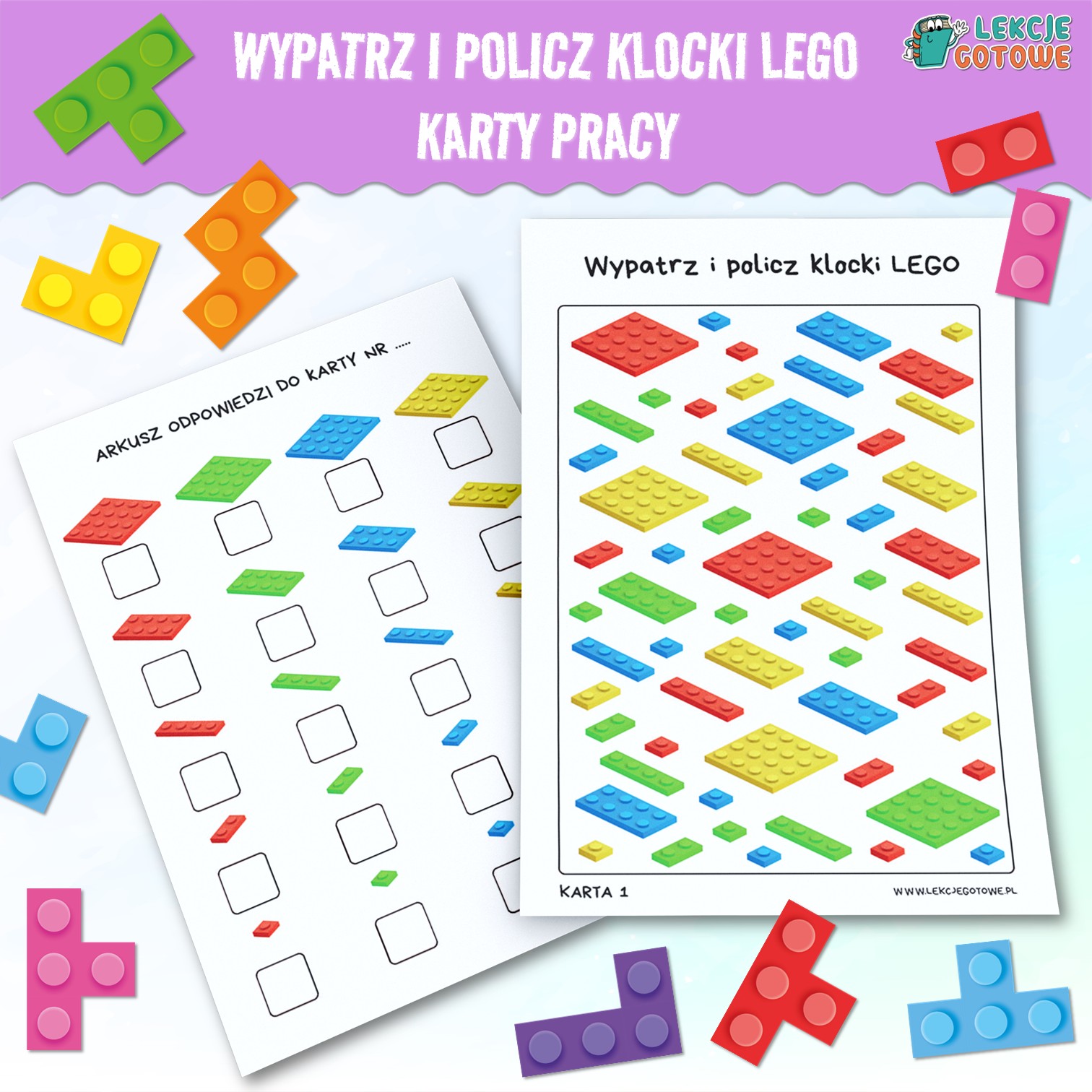 Wypatrz i policz klocki LEGO karty pracy pdf matematyka edukacja matematyczna darmowe materiały do pobrania ćwiczenia zadania dla dzieci