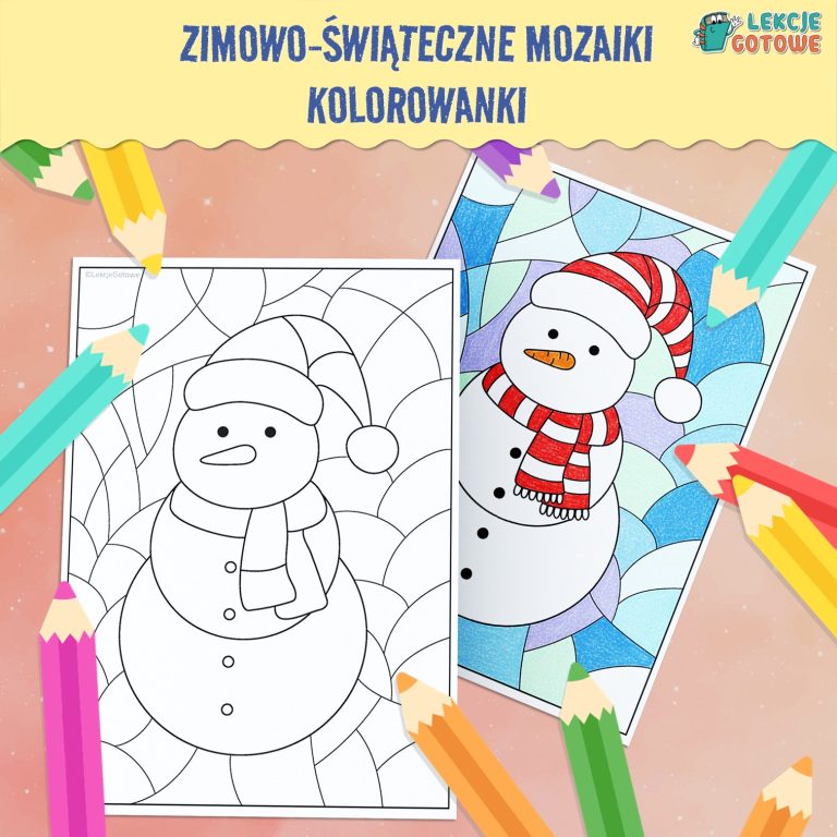 zimowo-świąteczne mozaiki pdf do druku kolorowanki karty pracy pomysły zima bałwan boże narodzenie do pobrania