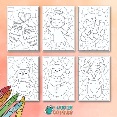 zimowo-świąteczne mozaiki pdf do druku kolorowanki karty pracy pomysły zima bałwan boże narodzenie do pobrania