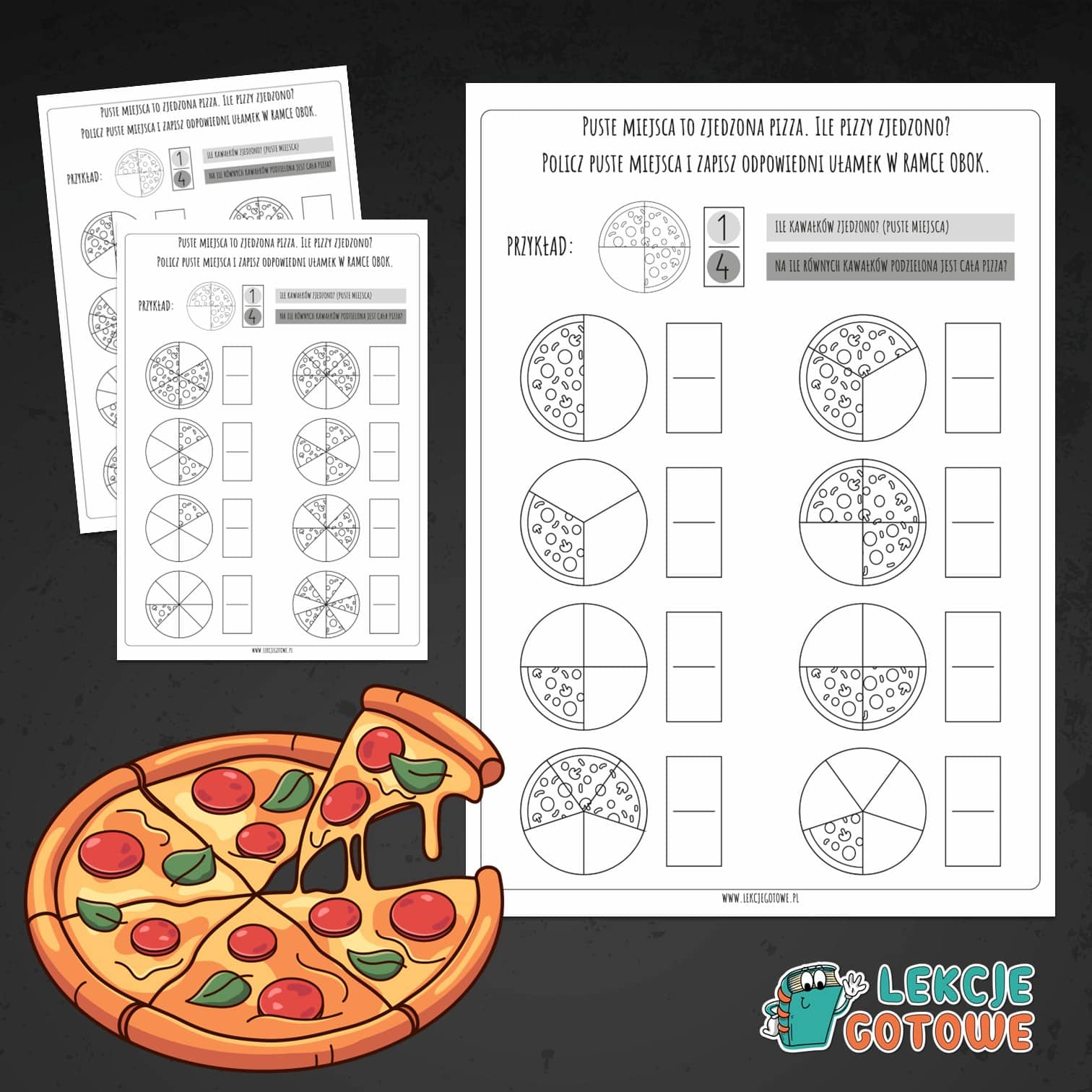 zjedzona pizza zapisywanie ułamków zwykłych ułamki do druku karty pracy matematyka pdf