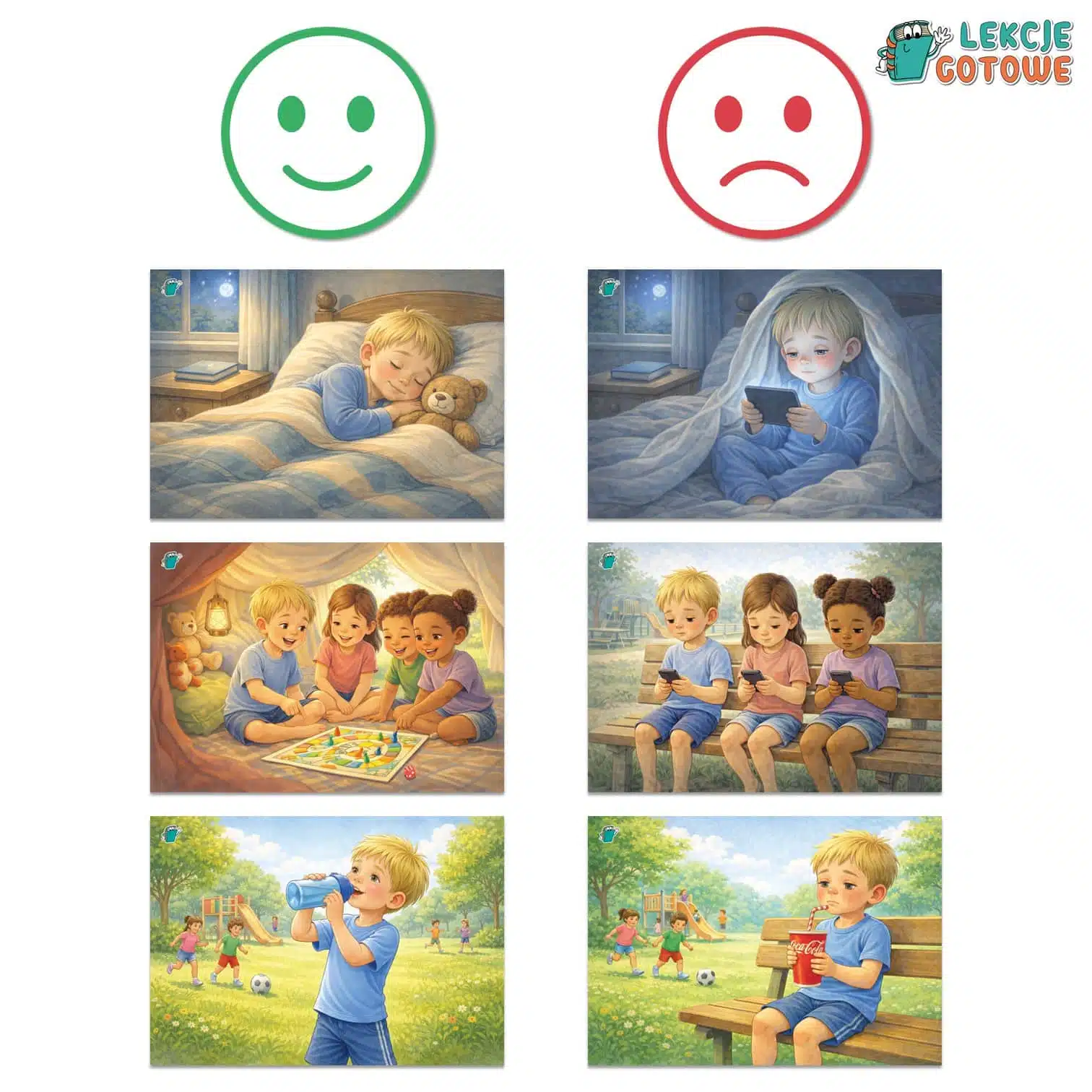 dobre i złe nawyki zdrowie odżywianie plansze ilustracje a4 materiały edukacyjne dydaktyczne ćwiczenia scenariusz