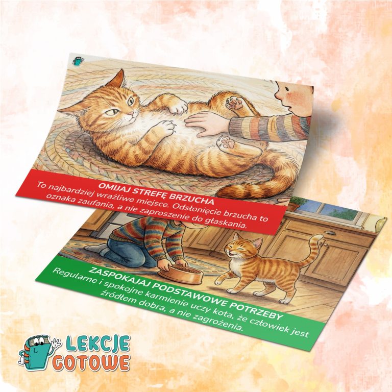Dobre i złe praktyki w kontakcie z kotem plansze A4 materiały pdf do druku dzień kota pomysły scenariusz