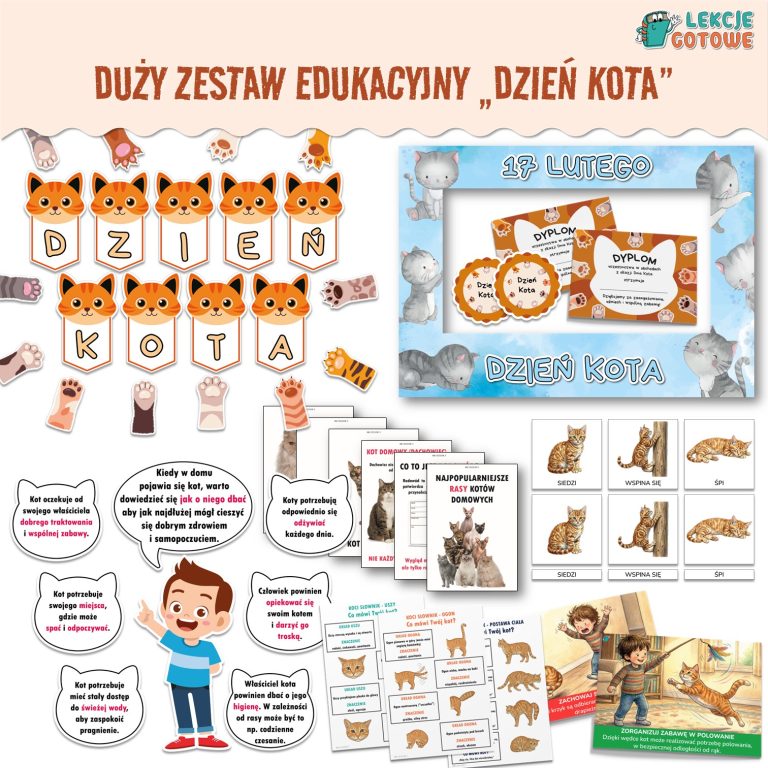 dzień kota 17 lutego koty kot plansze materiały pdf do druku dobre i złe praktyki w kontakcie z kotem dyplom order fotobudka materiały na gazetkę koci słownik mowa ciała girlanda napis dekoracje