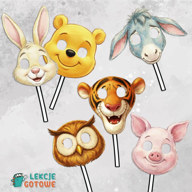 maski Rekwizyty do fotobudki do druku postacie z Kubusia Puchatka kubuś puchatek prosiaczek kłapouchy maski karnawał do druku pomysły dzień kubusia