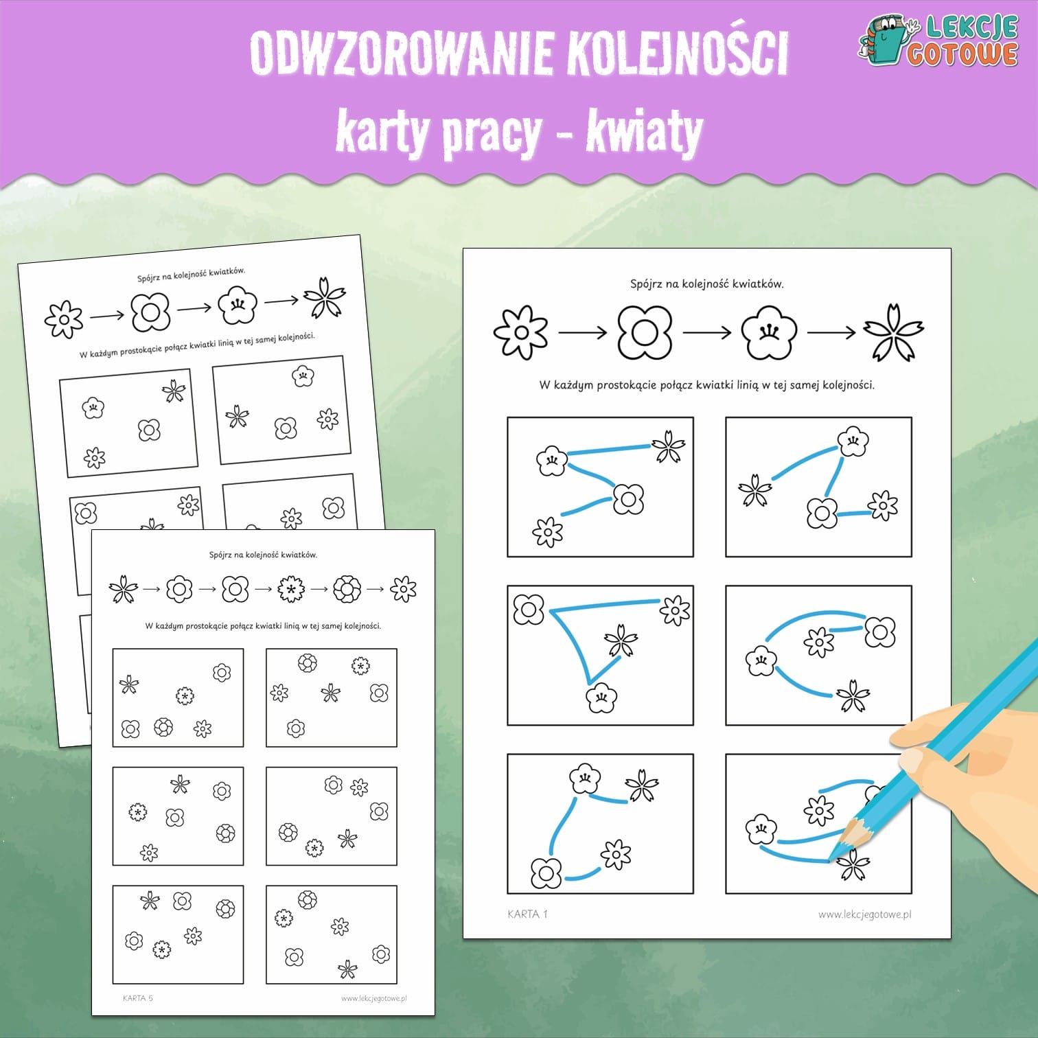 odwzorowanie kolejności rytmy sekwencje percepcja wzrokowa materiały dydaktyczne edukacyjne terapeutyczne pdf sdo druku wiosna kwiaty karty pracy
