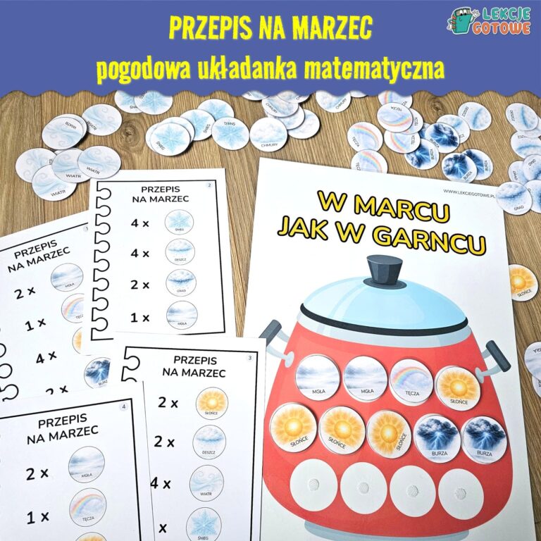 Przepis na marzec pogodowa układanka matematyczna w marcu jak w garncu przysłowie pogoda pomoc dydaktyczna motoryka mała liczenie Edukacja przyrodnicza symbole pogody dla dzieci pdf do druku