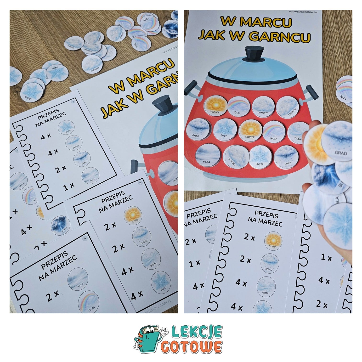 Przepis na marzec pogodowa układanka matematyczna w marcu jak w garncu przysłowie pogoda pomoc dydaktyczna motoryka mała liczenie Edukacja przyrodnicza symbole pogody dla dzieci pdf do druku