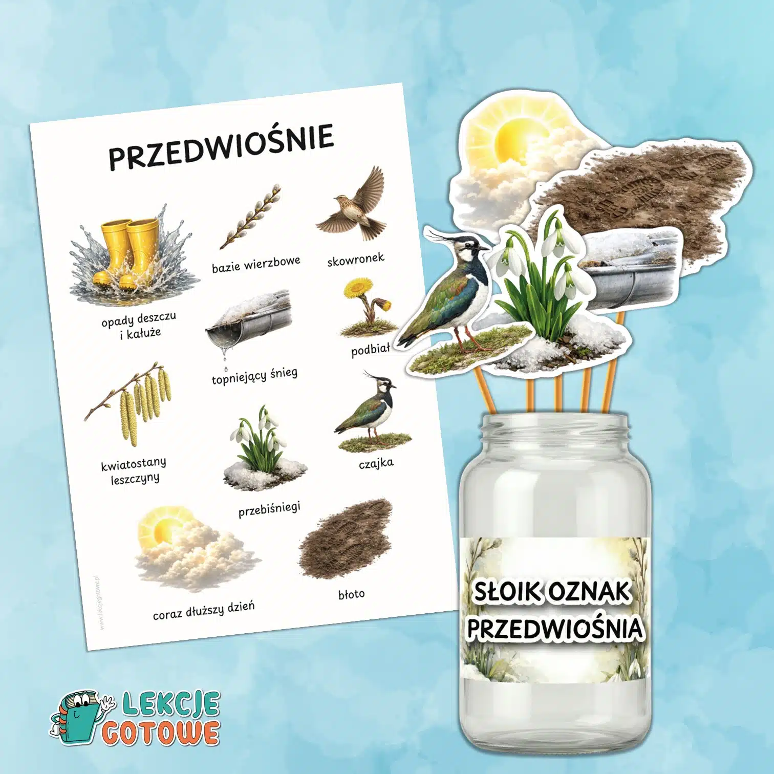 symbole przedwiośnia wiosna materiały dydaktyczne pomoce do druku ptaki kwiaty wiosenne plakat gazetka pomysły dla dzieci marzec
