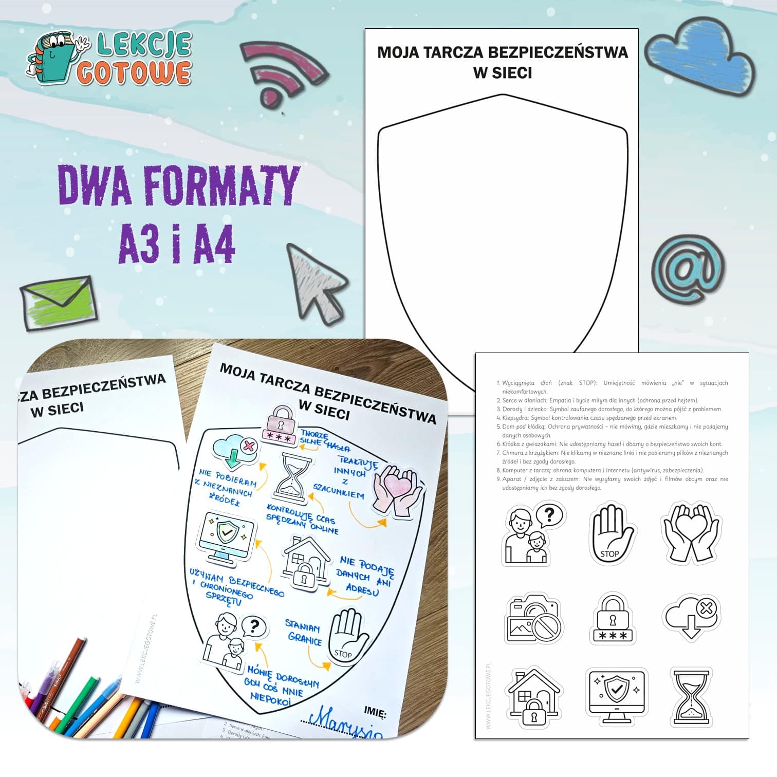 tarcza bezpieczeństwa w sieci karta pracy symbole ikony plakat materiały pomoce dydaktyczne dzień bezpiecznego internetu pdf do druku