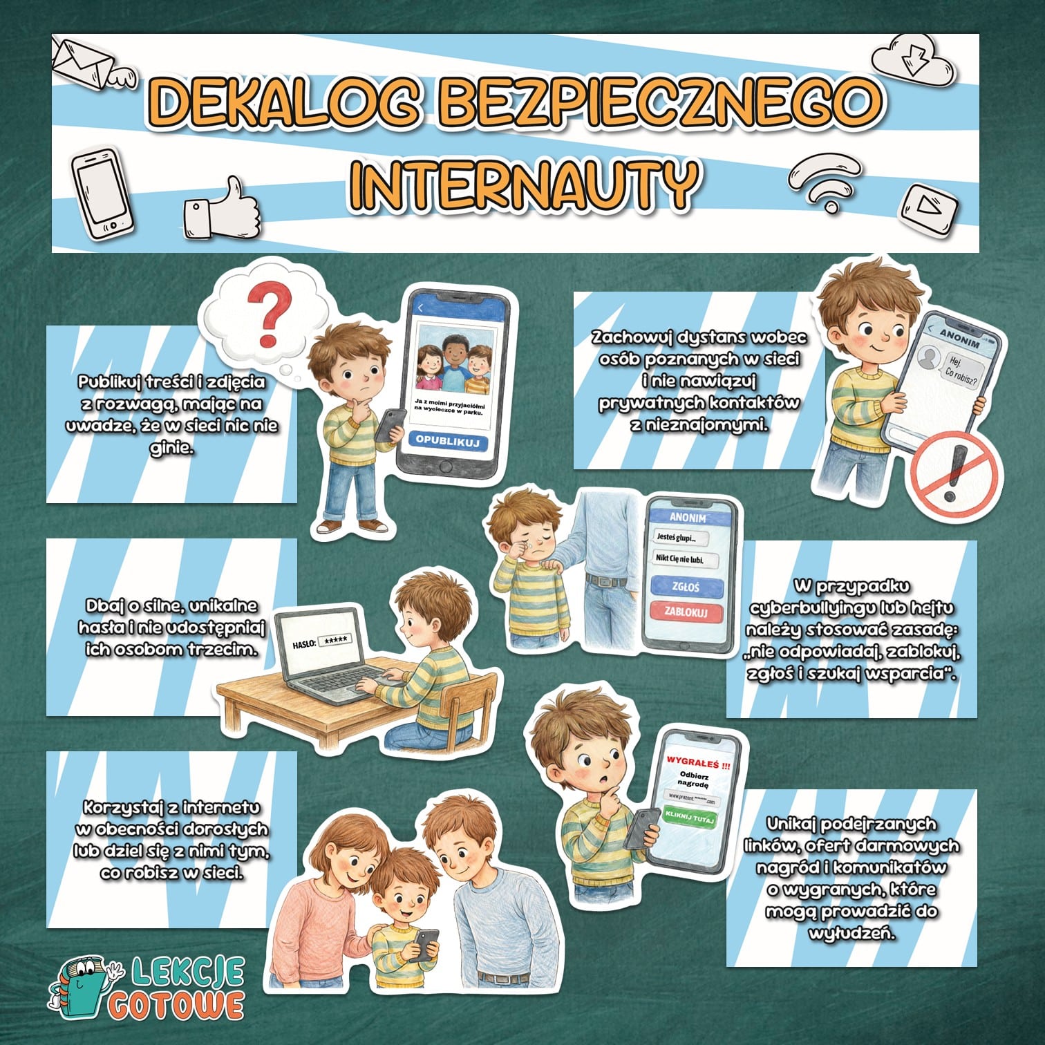 dekalog bezpiecznego internauty pdf do druku kodeks cyberbezpieczeństwo dzień bezpiecznego internetu edukacja informatyczna materiały plansze pomoce