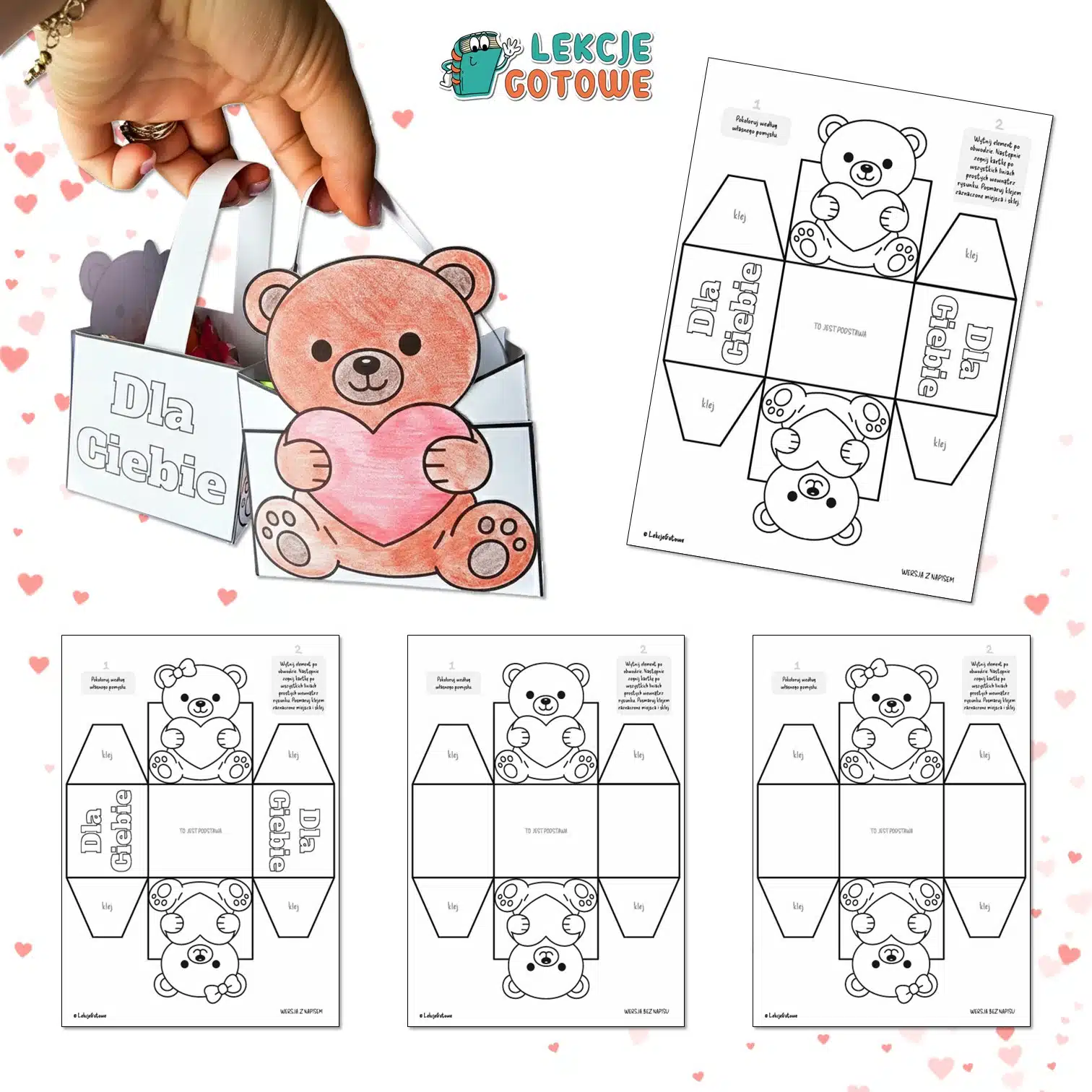 torebki szablony na upominki do druku walentynki miś serce koszyczek pomysły dla dzieci przedszkole klasy 1-3 do druku pdf
