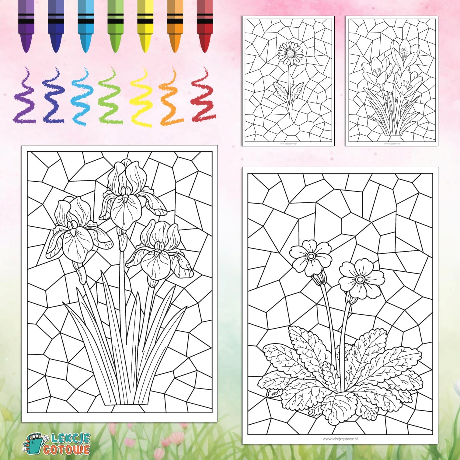 wiosna wiosenne kwiaty kolorowanki mozaiki do kolorowania karty pracy pdf przebiśniegi żonkile tulipany marzec materiały dydaktyczne pomoce do druku