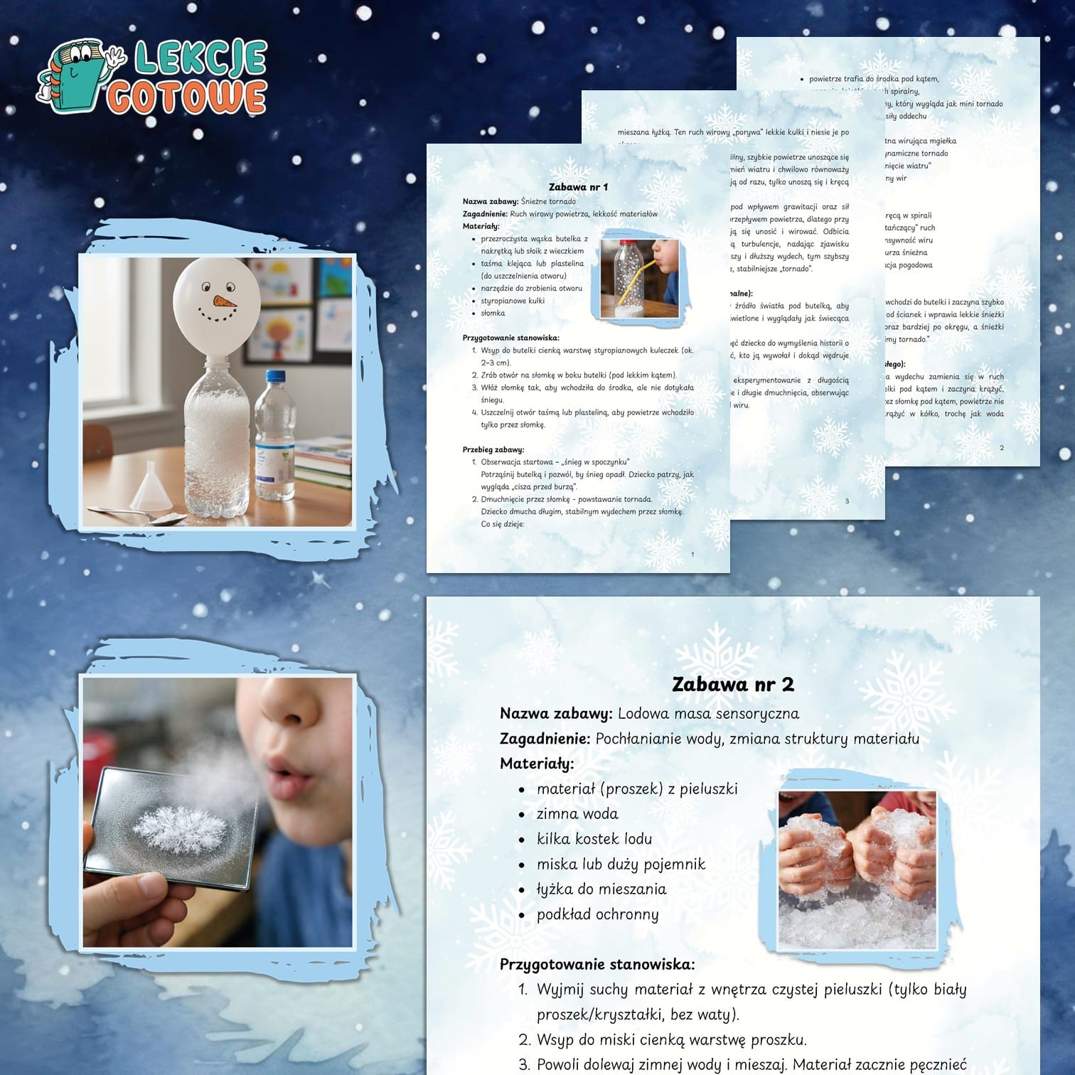 Zimowe zabawy sensoryczno naukowe sensoryka zima zabawa dzieci ferie pomysły chemia fizyka przyroda zjawiska pdf do druku scenariusz