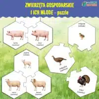 Zwierzęta gospodarskie hodowlane młode puzzle edukacyjne układanka materiały edukacyjne farma na farmie gospodarstwo krowa kaczka kura pomoce do druku pdf