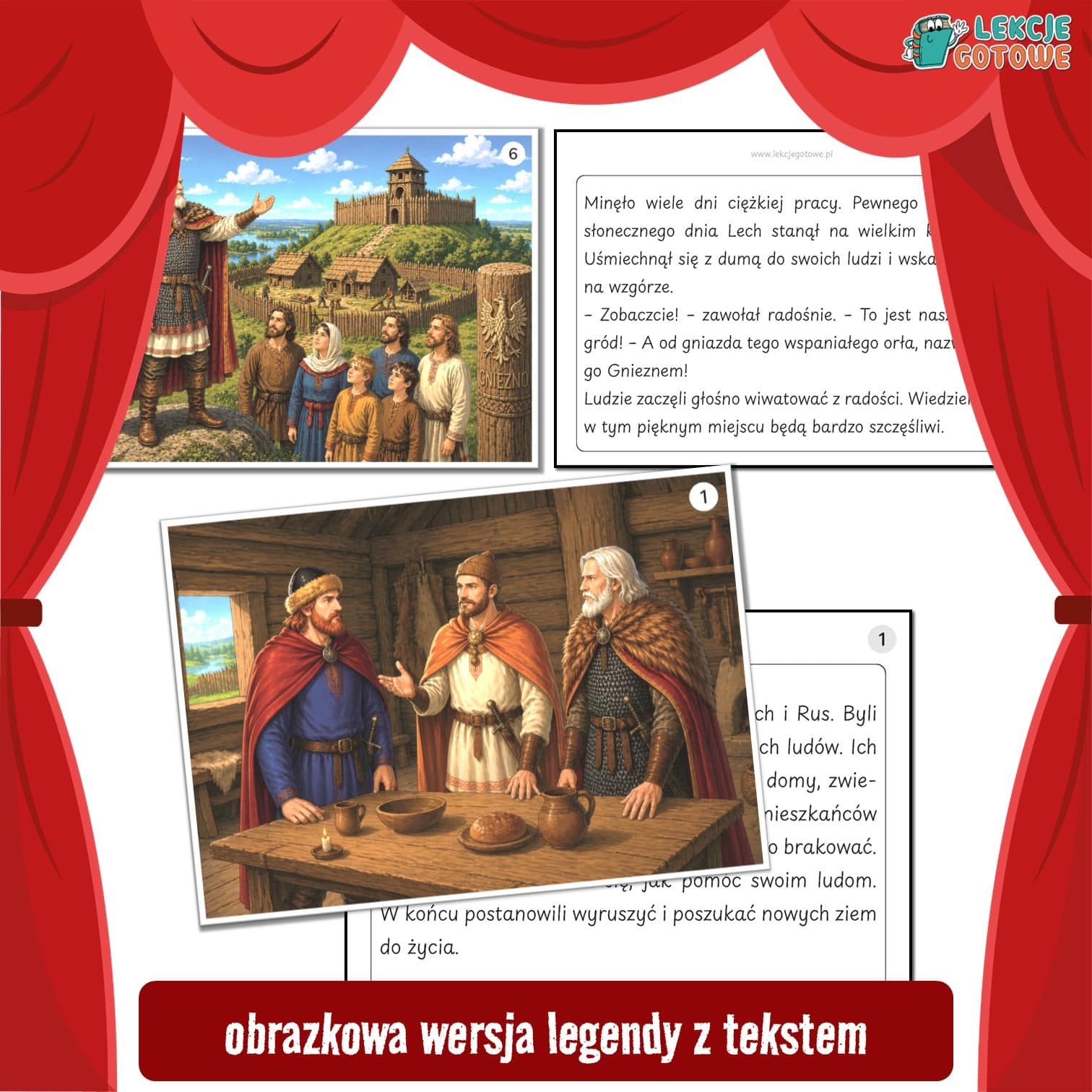 Legenda w obrazkach godło orzeł O Lechu Czechu i Rusie powstanie państwa polskiego święto niepodległości święta narodowe polska bajki pomysły teatrzyk ilustracje