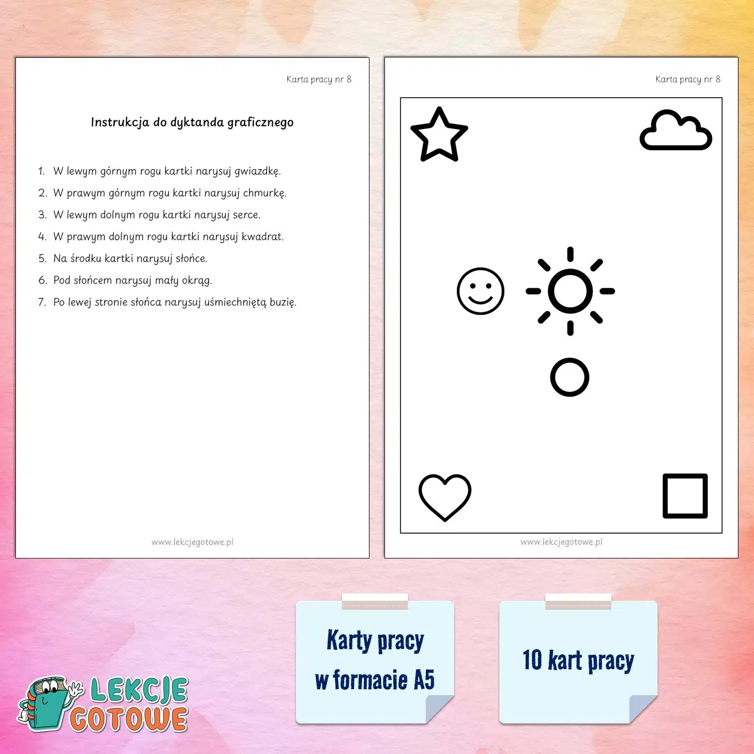 Orientacja na kartce papieru dyktando dyktanda karty pracy pdf do druku edukacja matematyczna pomysły