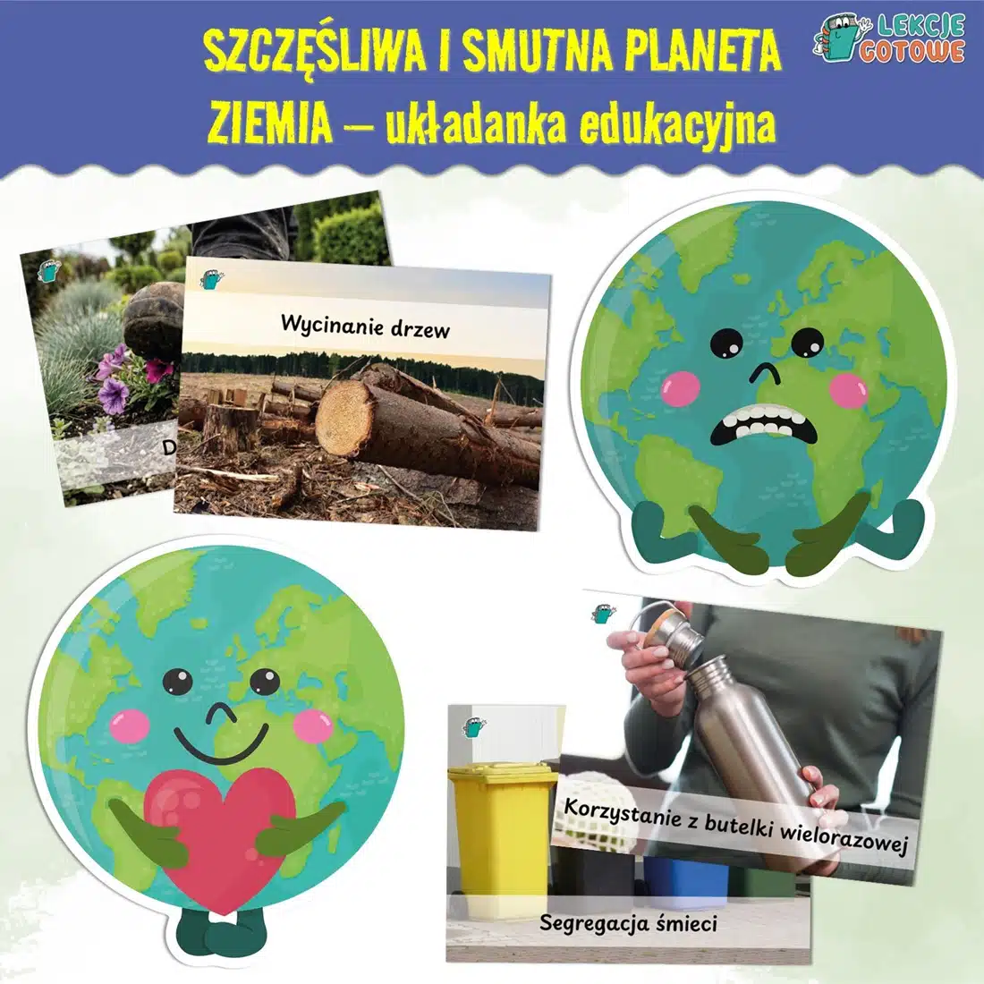 szczęśliwa i smutna planeta ziemia układanka edukacyjna dzień ziemi ekologia środowisko edukacja przyrodnicza do druku pdf