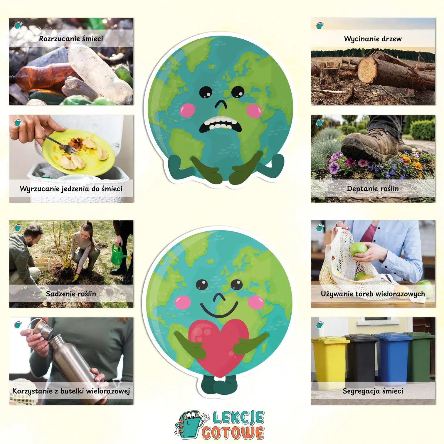 szczęśliwa i smutna planeta ziemia układanka edukacyjna dzień ziemi ekologia środowisko edukacja przyrodnicza do druku pdf