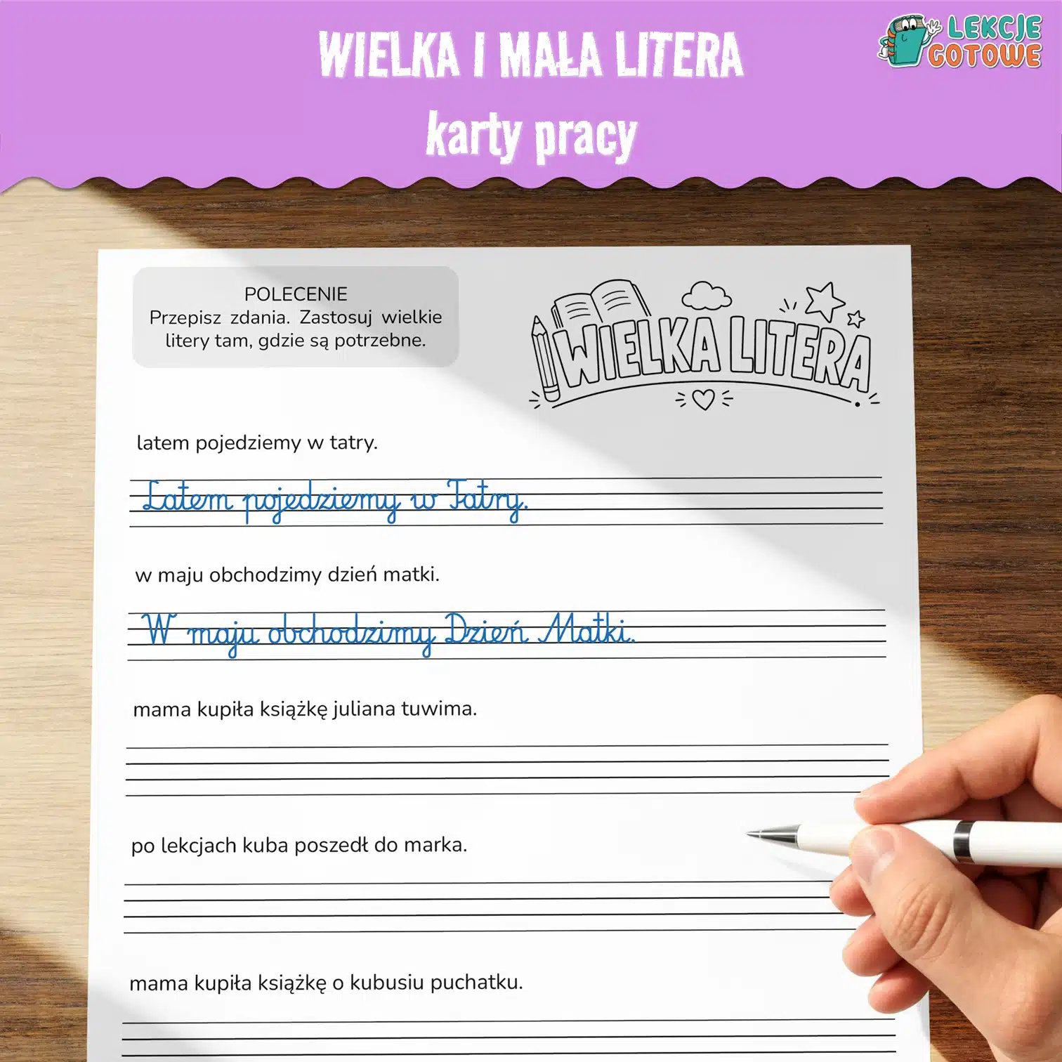 wielka i mała litera karty pracy pdf do druku edukacja polonistyczna język polski gramatyka pisownia pobierz