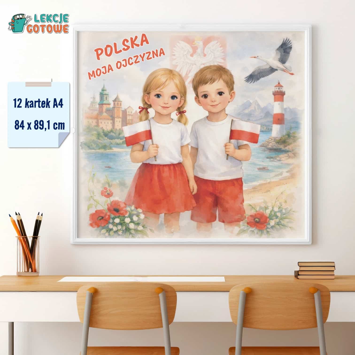 Polka i Polak dekoracja ścienna patriotyczna gazetka szkolna Polska dzieci z flagami ilustracja symbole narodowe święto niepodległości majowe moja ojczyzna