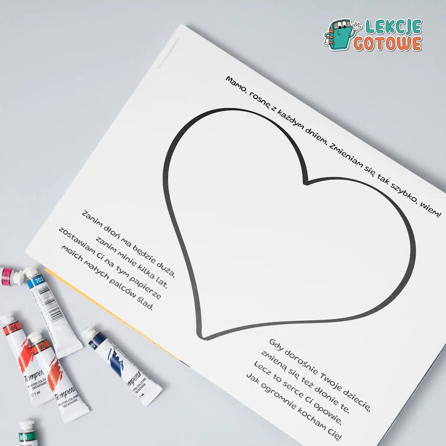 Szablon laurki dla mamy serce z odcisków palców malowanie palcami praca plastyczna dzień matki pomysły upominki prezent pdf do druku dla dzieci dla mamy