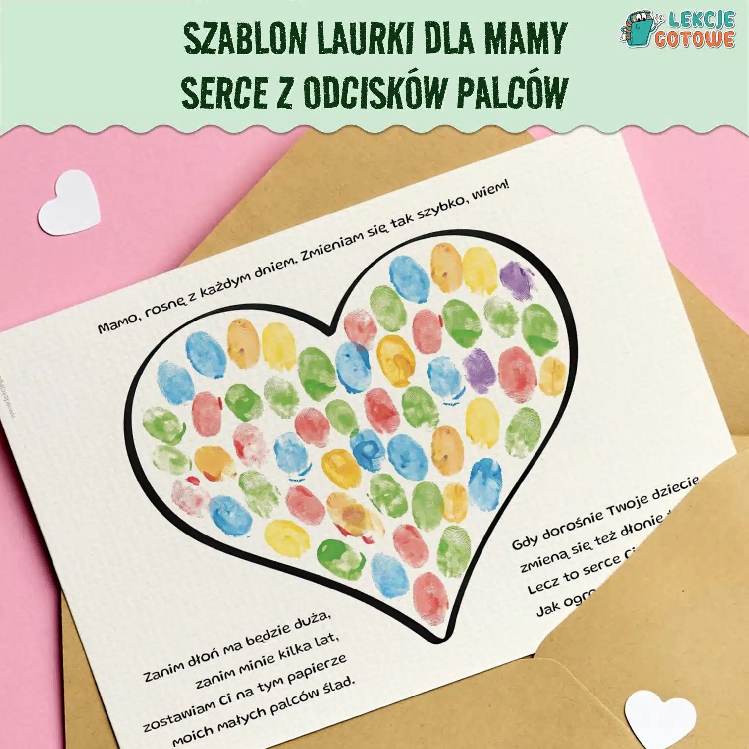 Szablon laurki dla mamy serce z odcisków palców malowanie palcami praca plastyczna dzień matki pomysły upominki prezent pdf do druku dla dzieci dzień matki
