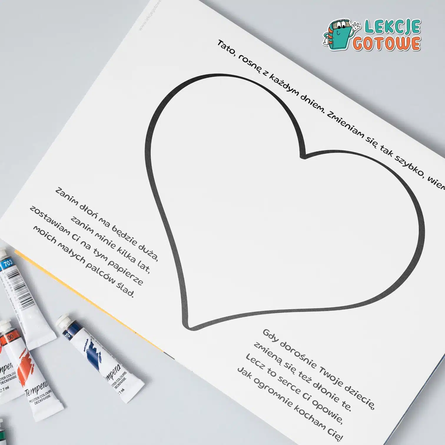 Szablon laurki dla taty serce z odcisków palców malowanie palcami praca plastyczna dzień matki pomysły upominki prezent pdf do druku dla dzieci dzień ojca