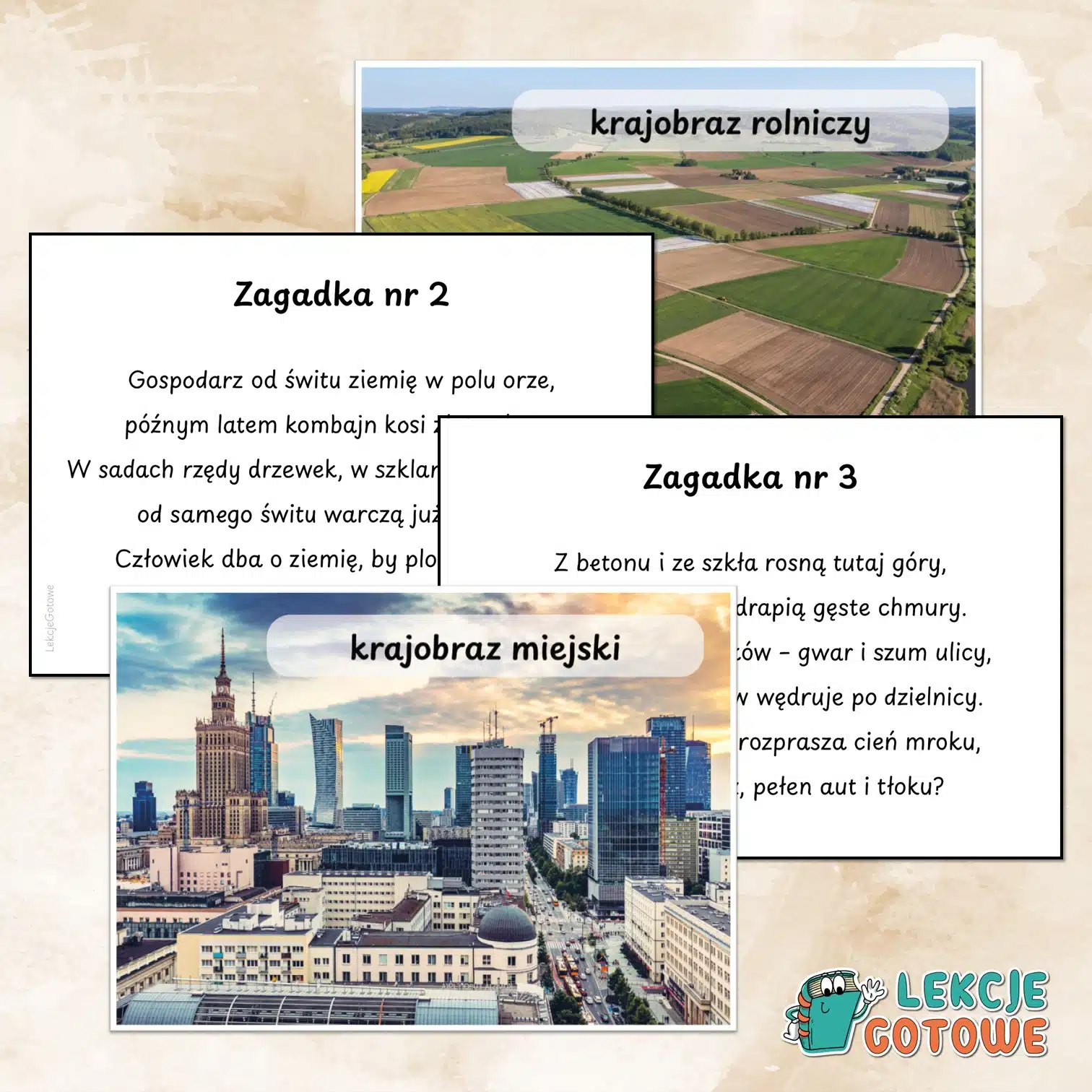 zagadki o krajobrazach z fotografiami krajobrazy Polski krajobraz górski leśny przemysłowy miejski wiejski rolniczy nadmorski plansze zagadki quizy dla dzieci edukacja przyrodnicza społeczna pdf do druku