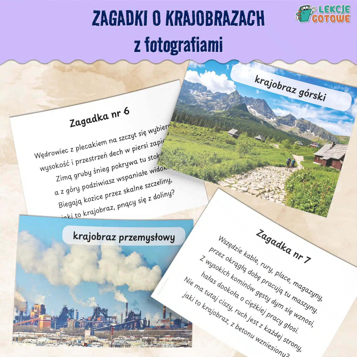 zagadki o krajobrazach z fotografiami krajobrazy Polski krajobraz górski leśny przemysłowy miejski wiejski rolniczy nadmorski plansze zagadki quizy dla dzieci edukacja przyrodnicza społeczna pdf do druku