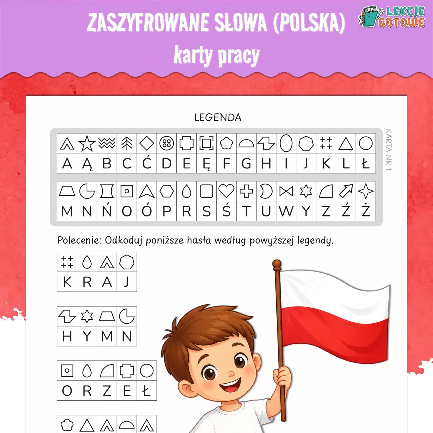 zaszyfrowane słowa polska karty pracy pdf do druku edukacja polonistyczna patriotyczna społeczna odkoduj kodowanie język polski pomysły ćwiczenia zadania święta majowe święto niepodległości dla dzieci