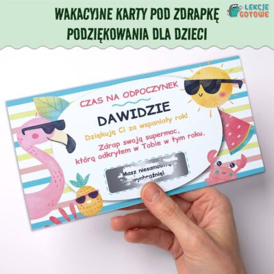 Wakacyjne karty pod zdrapkę podziękowanie dla dzieci do edycji w wordzie edycja word zakończenie roku szkolnego upominki dla dzieci pomysły