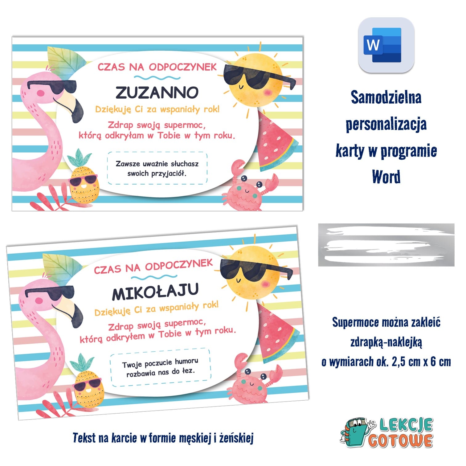 Wakacyjne karty pod zdrapkę podziękowanie dla dzieci do edycji w wordzie edycja word zakończenie roku szkolnego upominki dla dzieci pomysły