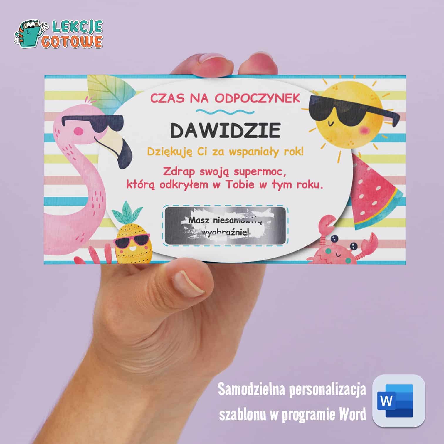 Wakacyjne karty pod zdrapkę podziękowanie dla dzieci do edycji w wordzie edycja word zakończenie roku szkolnego upominki dla dzieci pomysły