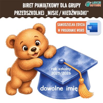 biret dla grupy przedszkolnej pdf dyplomy dyplom zakończenie roku przedszkole dla dzieci misie misiaczki niedźwiedzie niedźwiadki