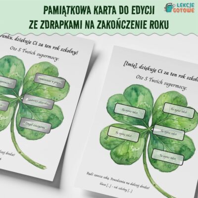 Pamiątkowa karta do edycji ze zdrapkami na zakończenie roku pdf do druku dyplom podziękowanie prezent upominek dla dzieci uczniów klasa