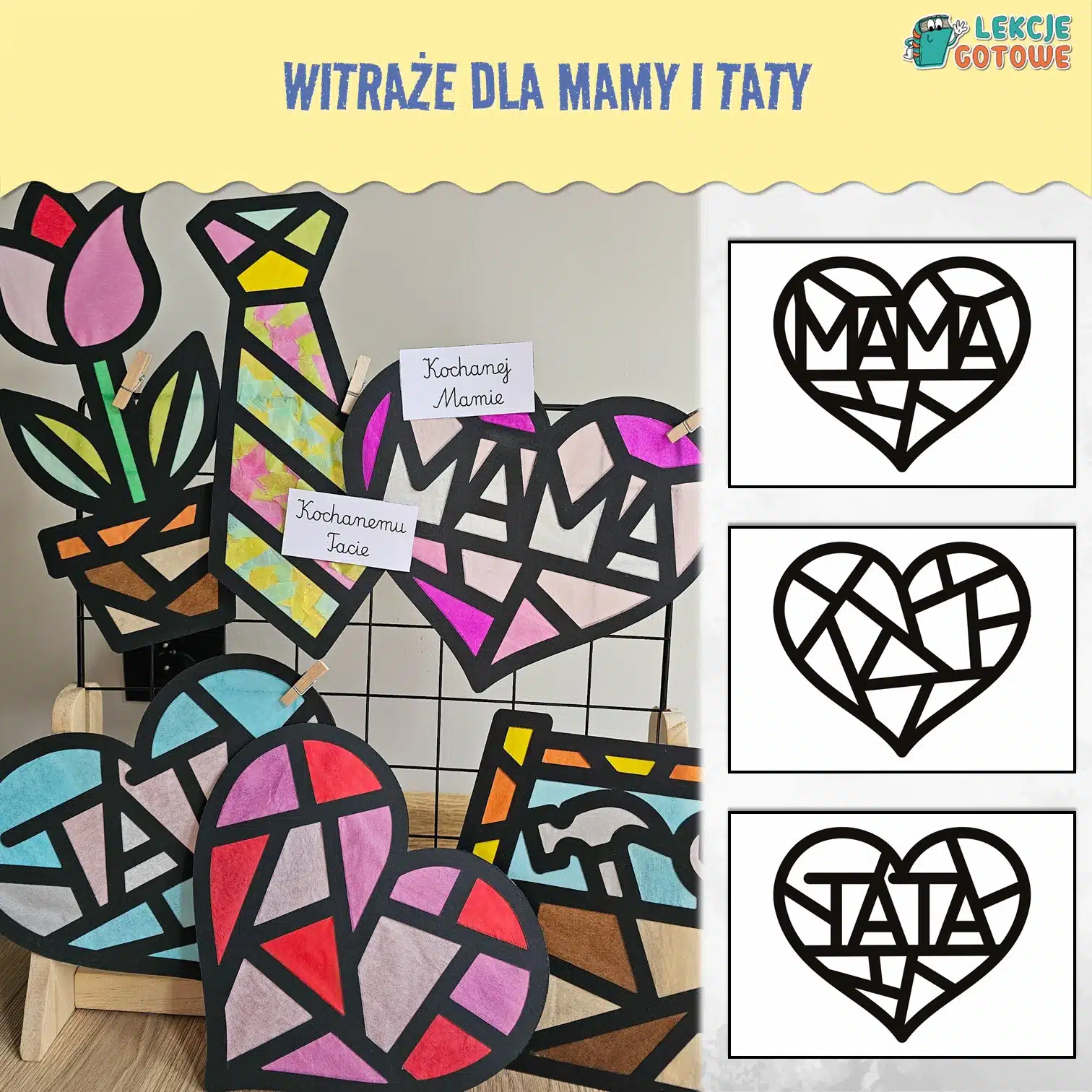 witraże dla mamy i taty wycinanki laurki pomysły dzień matki ojca materiały pdf do druku praca plastyczna