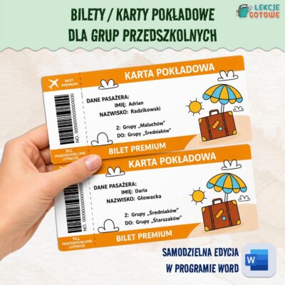 Bilety dla grup przedszkolnych karty pokładowe do następnej klasy pdf do edycji word upominki dla dzieci zakończenie roku szkolnego prezenty dla dzieci upominki przedszkole