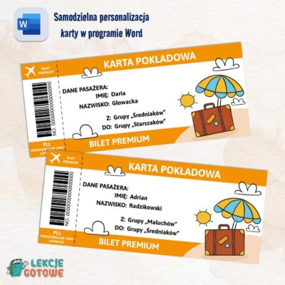 Bilety dla grup przedszkolnych karty pokładowe do następnej klasy pdf do edycji word upominki dla dzieci zakończenie roku szkolnego prezenty dla dzieci upominki przedszkole
