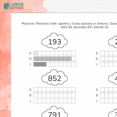 Liczby trzycyfrowe rozkład na setki dziesiątki i jedności karty pracy edukacja matematyczna powtórki do druku materiały dla dzieci matematyka