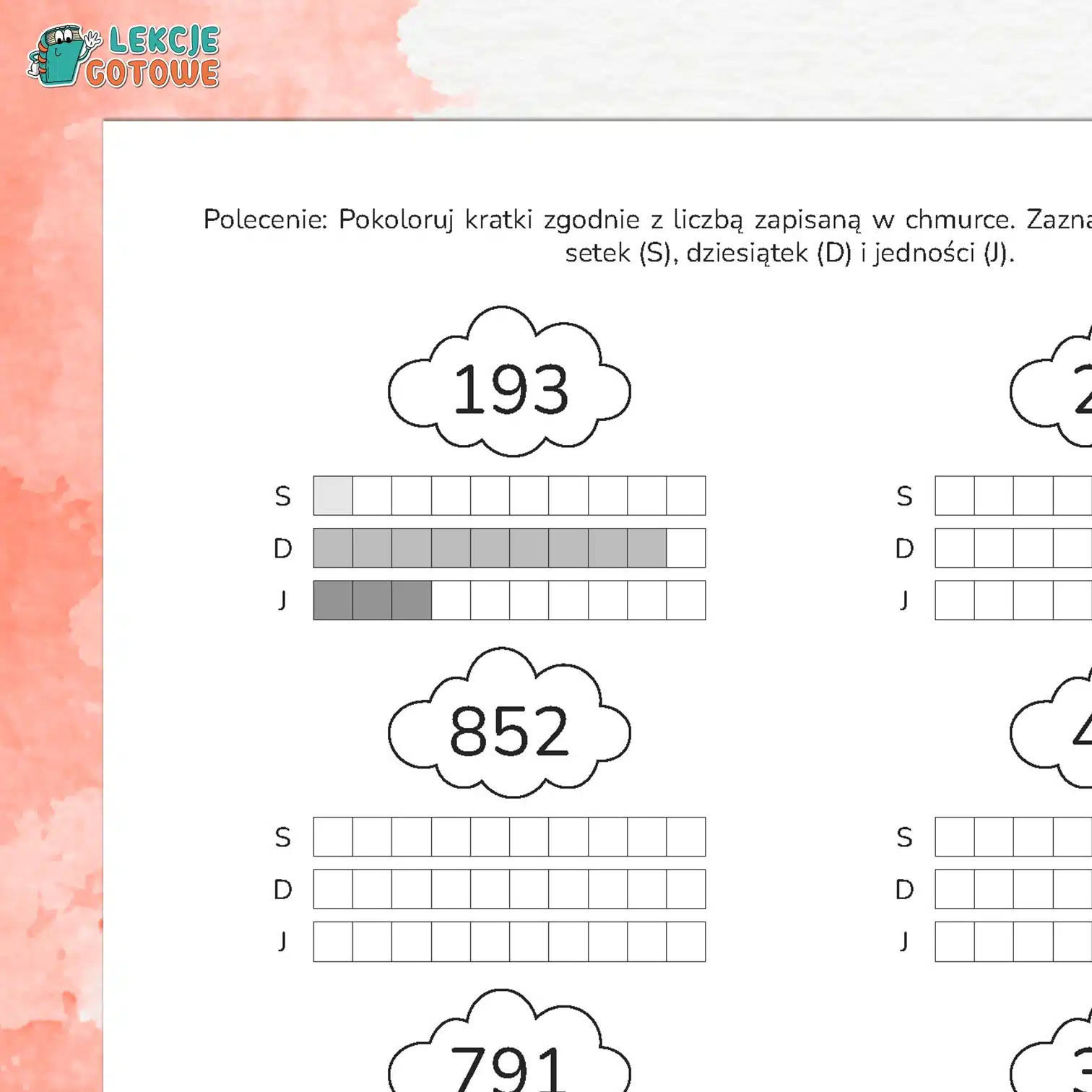 Liczby trzycyfrowe rozkład na setki dziesiątki i jedności karty pracy edukacja matematyczna powtórki do druku materiały dla dzieci matematyka