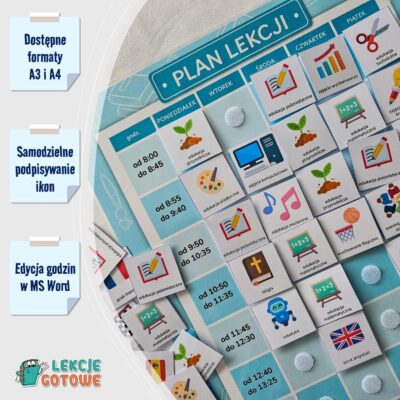 Obrazkowy plan lekcji na rzepy tablica ikony pomoce wizualne aac autyzm przedmioty szkolne do druku pdf