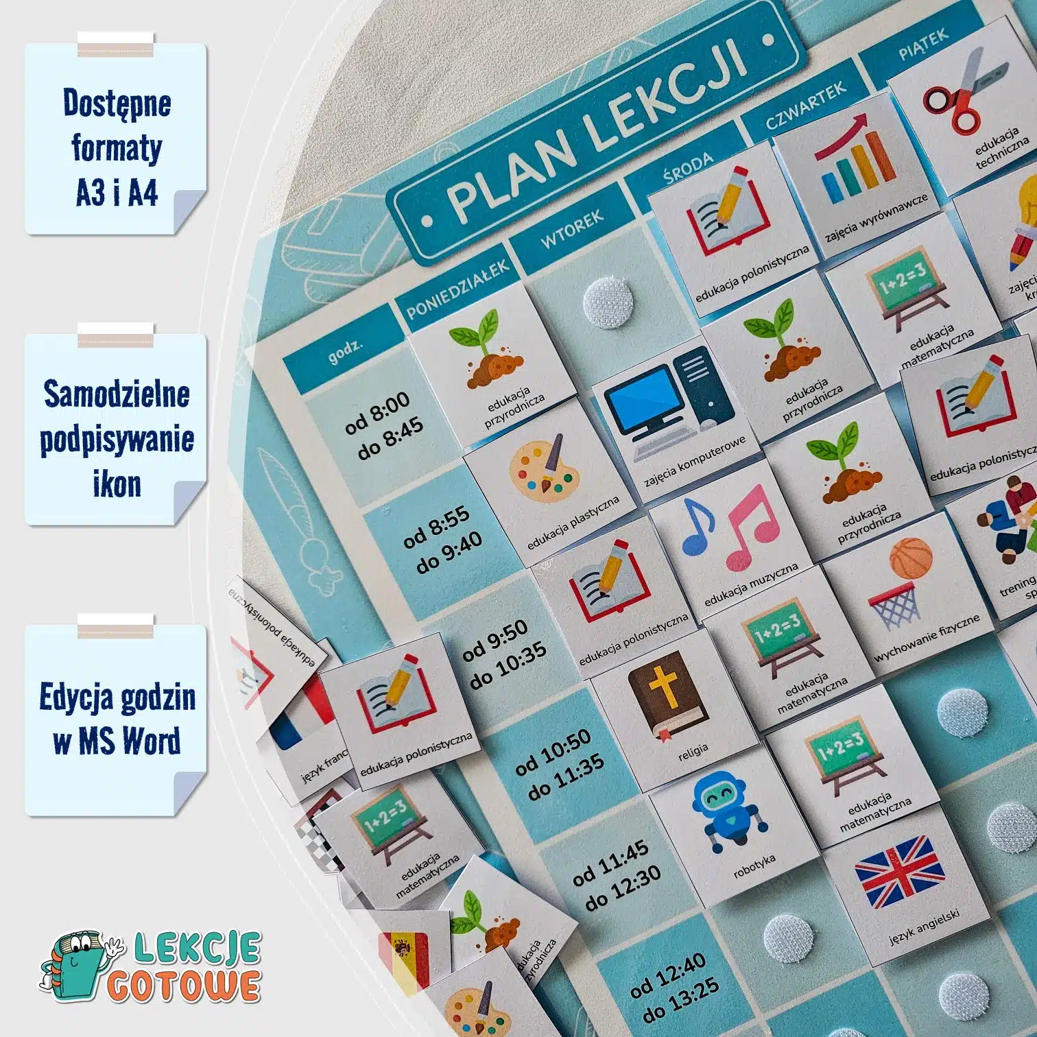 Obrazkowy plan lekcji na rzepy tablica ikony pomoce wizualne aac autyzm przedmioty szkolne do druku pdf