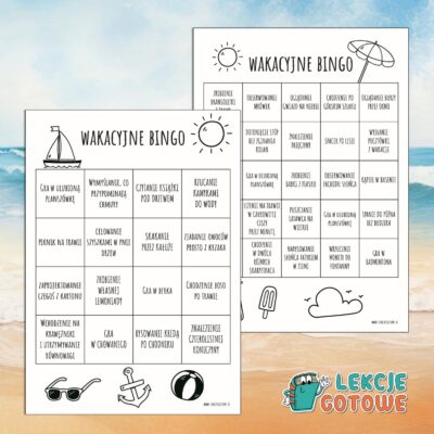 Wakacyjne Bingo dla dzieci karta aktywności do druku PDF karty pracy wakacje zakończenie roku upominek dla uczniów