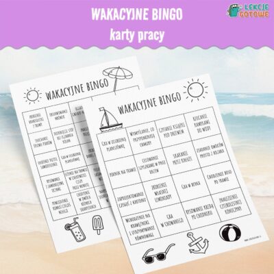 Wakacyjne Bingo dla dzieci karta aktywności do druku PDF karty pracy wakacje zakończenie roku upominek dla uczniów