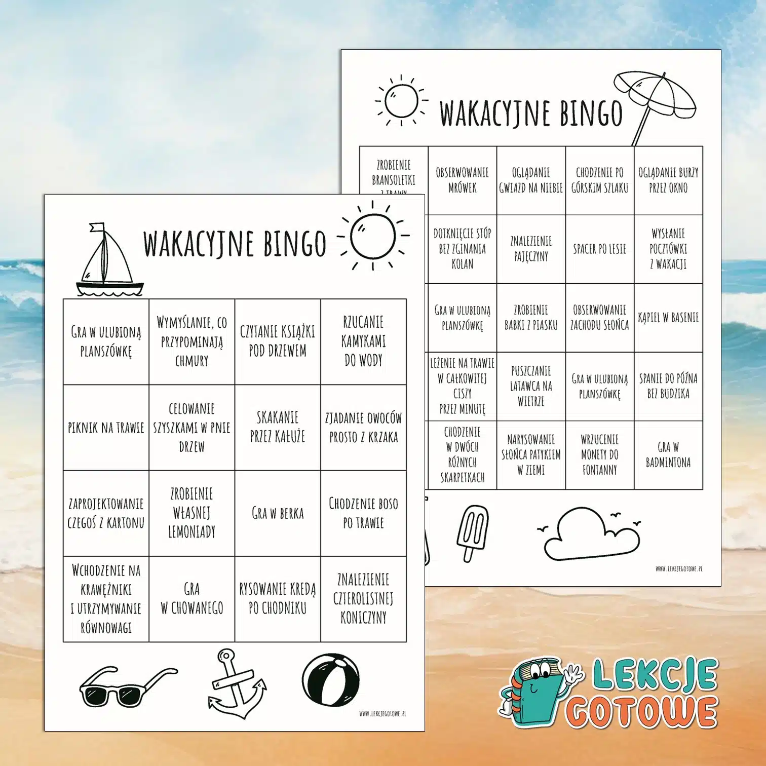 Wakacyjne Bingo dla dzieci karta aktywności do druku PDF karty pracy wakacje zakończenie roku upominek dla uczniów