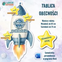 załoga na pokładzie rakieta tablica lista obecności gwiazdy kosmos dekoracja na gazetkę na drzwi materiały na wrzesień pdf do druku