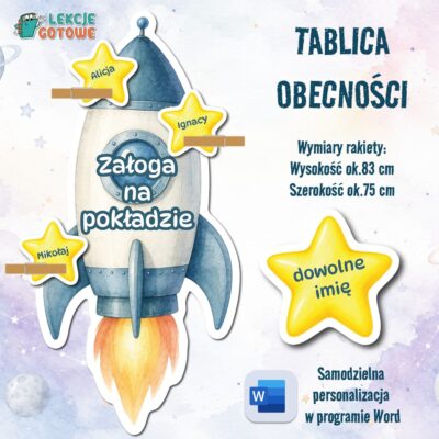 załoga na pokładzie rakieta tablica lista obecności gwiazdy kosmos dekoracja na gazetkę na drzwi materiały na wrzesień pdf do druku