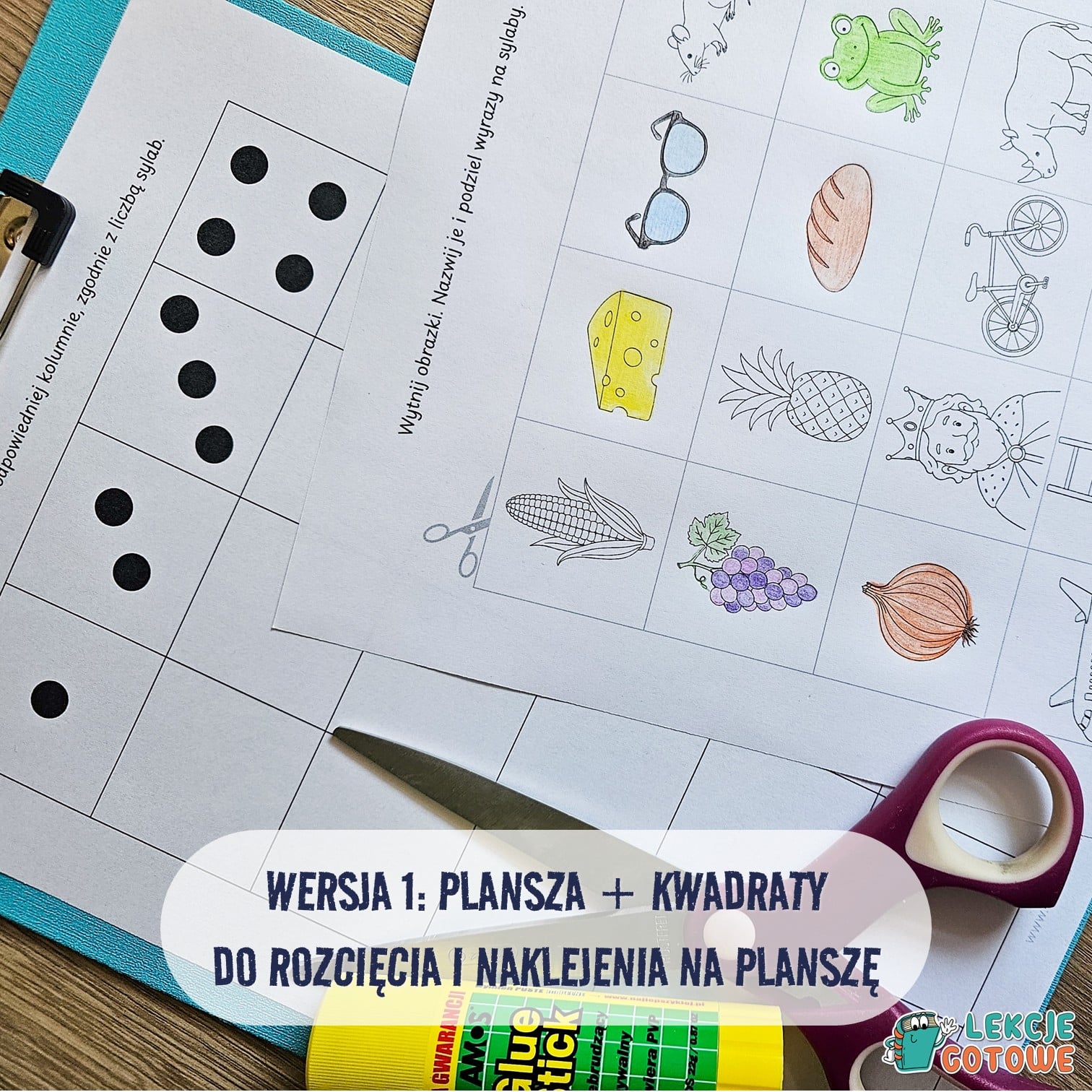Przeliczanie sylab w wyrazach plansza i kwadraty do wycięcia oraz naklejenia